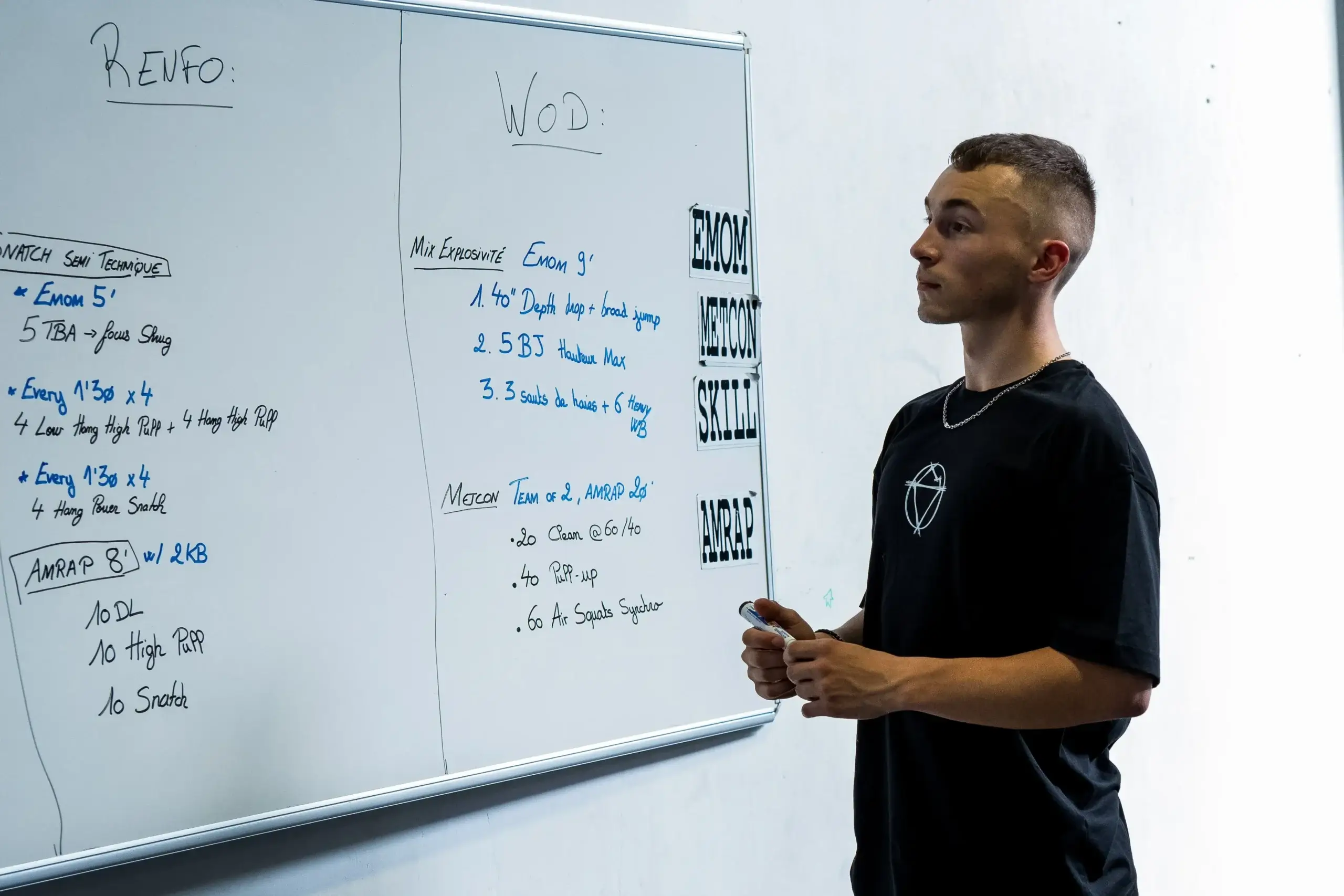 coaching-perso-hiringa coach devant un tableau wod et renfo hiringa